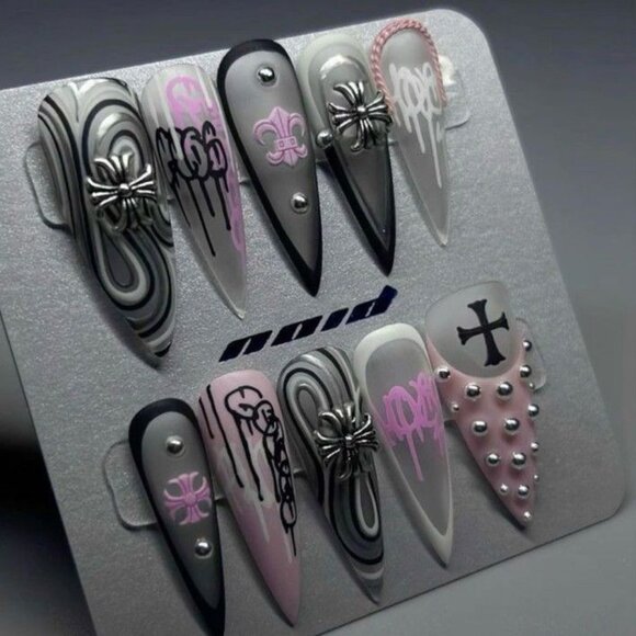 Other - Gothic Chrome Cross Press-On Nails | Pink Grey Black 3D Spiked Stiletto Set